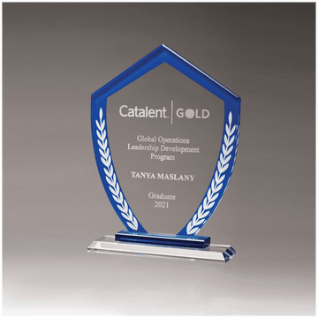 G3093 - 5 7/8" x 8 1/4" Shield Shaped Glass Award with Blue Border and White Laurel Leaves