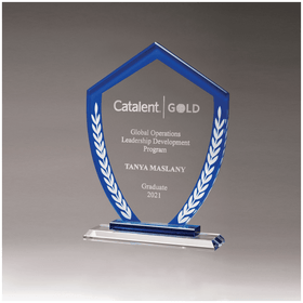 G3094 - 6 5/8" x 9" Shield Shaped Glass Award with Blue Border and White Laurel Leaves