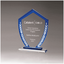 G3095 - 7 1/4" x 9 3/4" Shield Shaped Glass Award with Blue Border and White Laurel Leaves