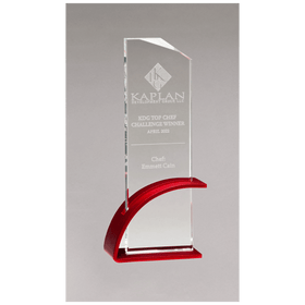 Thick Red Contemporary Clear Glass Award, Arched Base with Matte Metallic Finish