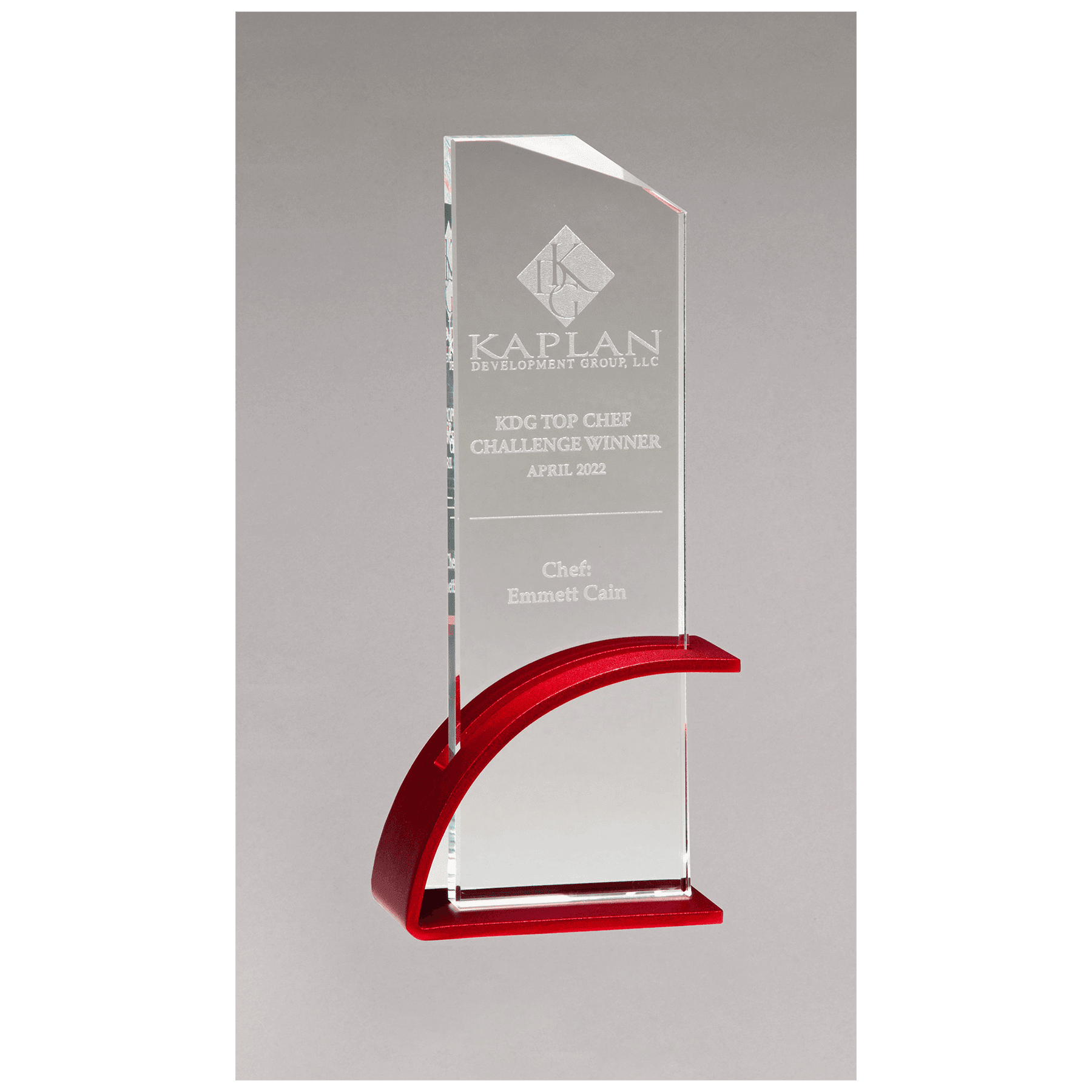 Thick Red Contemporary Clear Glass Award, Arched Base with Matte Metallic Finish - 0