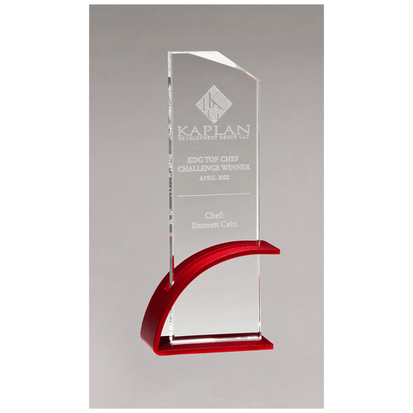 Thick Red Contemporary Clear Glass Award, Arched Base with Matte Metallic Finish