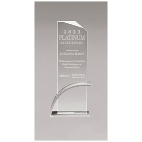 G3120 - 3 7/8" x 8 1/2" x 1/2" Thick Silver Contemporary Clear Glass Award, Arched Base with Matte Metallic Finish