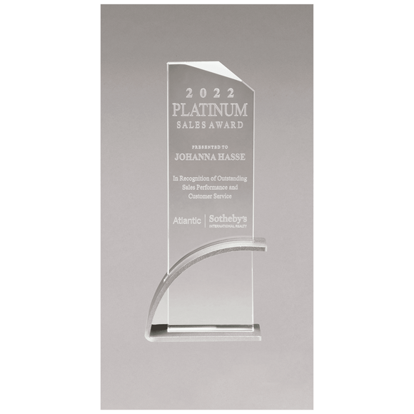 G3120 - 3 7/8" x 8 1/2" x 1/2" Thick Silver Contemporary Clear Glass Award, Arched Base with Matte Metallic Finish