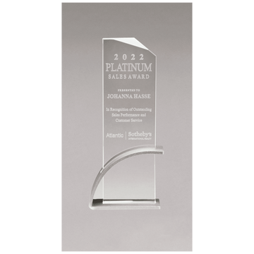 G3121 - 8 7/8" x 9 3/8" x 1/2" Thick Silver Contemporary Clear Glass Award, Arched Base with Matte Metallic Finish