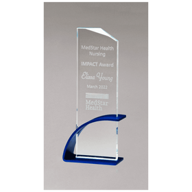 G3127 - 3 7/8" x 8 1/2" x 1/2" Thick Blue Contemporary Clear Glass Award, Arched Base with Matte Metallic Finish