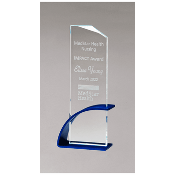 G3128 - 3 7/8" x 9 3/8" x 1/2" Thick Blue Contemporary Clear Glass Award, Arched Base with Matte Metallic Finish