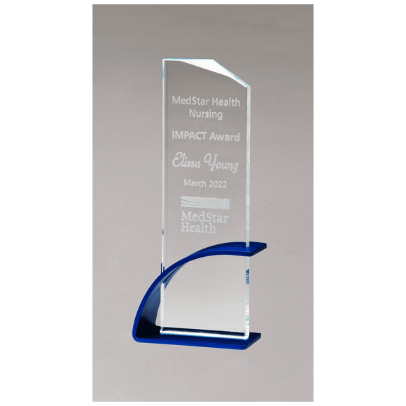 G3128 - 3 7/8" x 9 3/8" x 1/2" Thick Blue Contemporary Clear Glass Award, Arched Base with Matte Metallic Finish