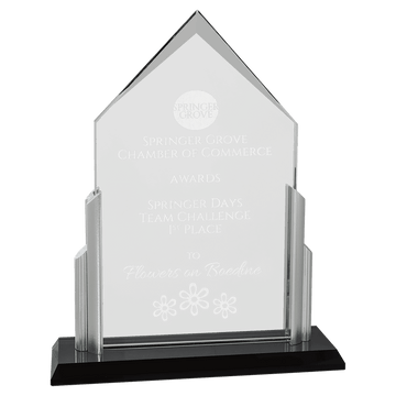 G3151 - 7" x 8 5/8" x 3/8" Thick Peak Series Clear Glass Top with Brushed Silver Posts and Black Glass Base