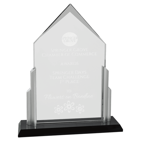 G3153 - 7" x 9 1/2" x 3/8" Thick Peak Series Clear Glass Top with Brushed Silver Posts and Black Glass Base