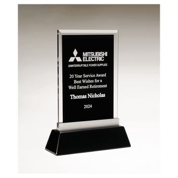 G3170 - 5 1/4" x 8 7/8" Rectangular Black Silkscreened Glass Award with Black Piano Finish Base