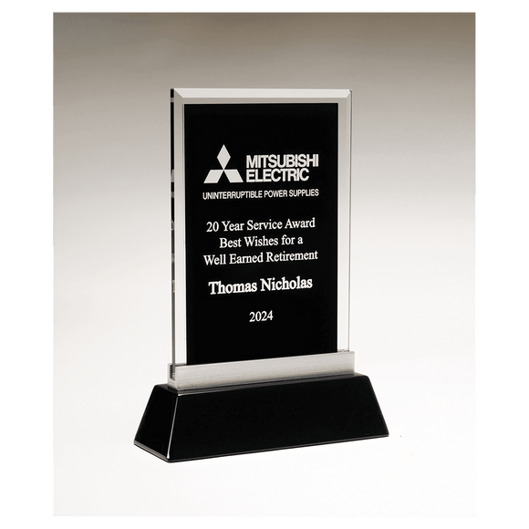 G3170 - 5 1/4" x 8 7/8" Rectangular Black Silkscreened Glass Award with Black Piano Finish Base