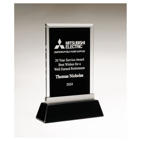 G3171 - 6 1/4" x 8 7/8" Rectangular Black Silkscreened Glass Award with Black Piano Finish Base