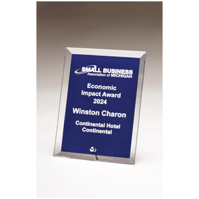 G3184 - 4" x 6" Clear Glass Plaque with Painted Blue Background, Silver Plated Easel Post