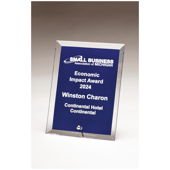 G3186 - 6" x 8" Clear Glass Plaque with Painted Blue Background, Silver Plated Easel Post