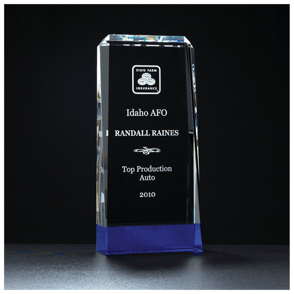 K9052 - 4" x 8 3/4" Premium Series Clear Crystal with Cobalt Blue Crystal Base Blue Crystal Base