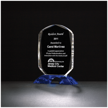 K9061 - 5 3/4" x 7 5/8" Diamond Series Clear Crystal Award with Cobalt Blue Crystal Base
