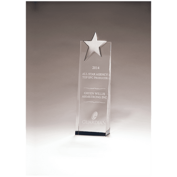 K9079 - 2 3/4" x 9" Crystal Trophy with Silver Star, Prism-Effect