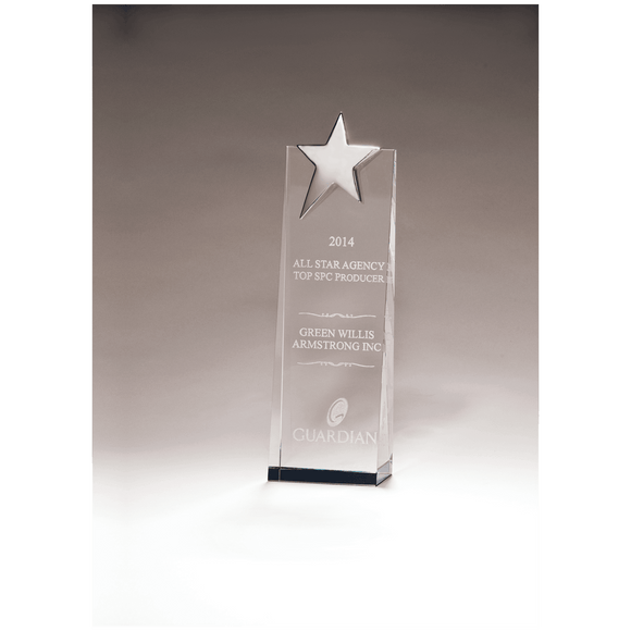 K9079 - 2 3/4" x 9" Crystal Trophy with Silver Star, Prism-Effect