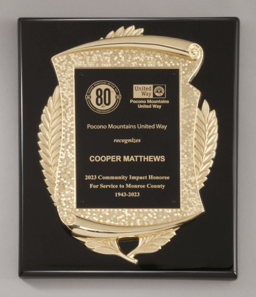 Black high gloss finished plaque with a gold finished scroll frame casting. P5479