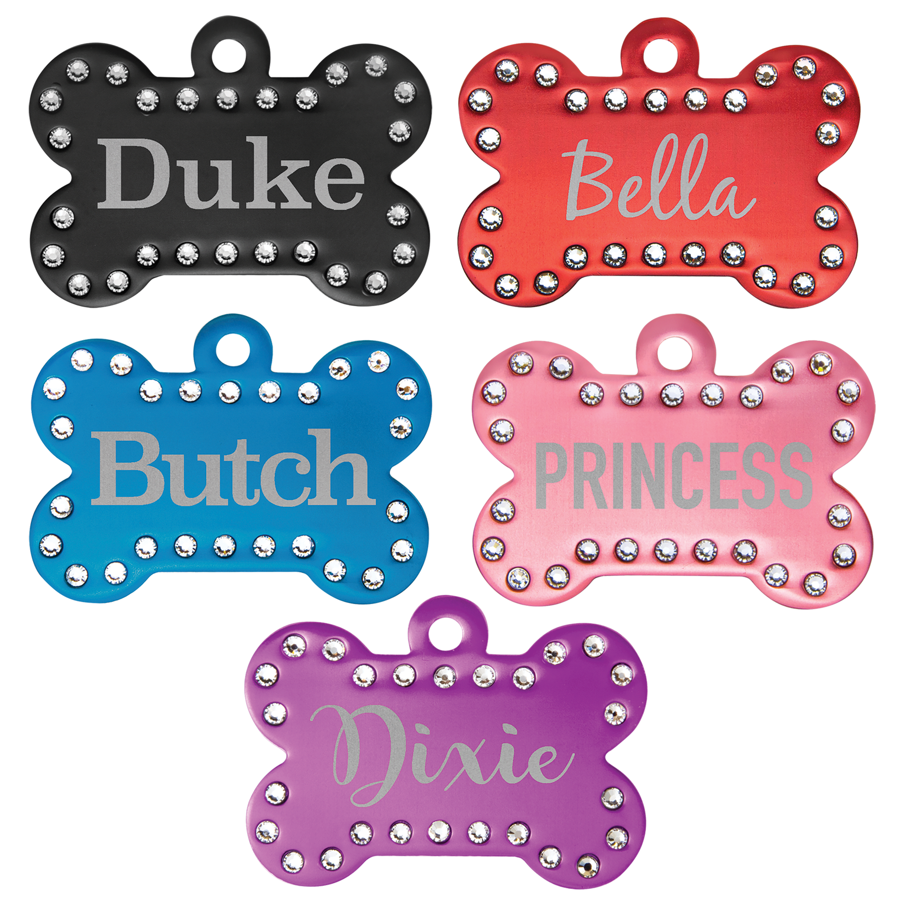 Laser Engraved Anodized Aluminum Swarovski Bling Bone Pet ID Tag