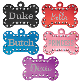 Laser Engraved Anodized Aluminum Swarovski Bling Bone Pet ID Tag
