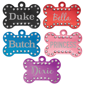 Laser Engraved Anodized Aluminum Swarovski Bling Bone Pet ID Tag