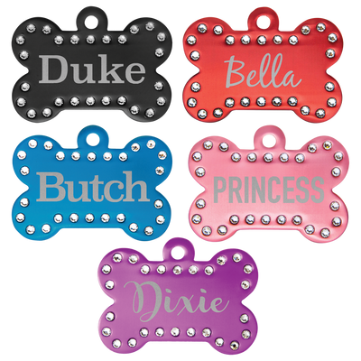 Laser Engraved Anodized Aluminum Swarovski Bling Bone Pet ID Tag