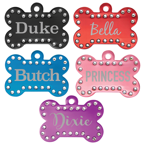 Laser Engraved Anodized Aluminum Swarovski Bling Bone Pet ID Tag